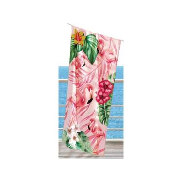 Imagem de Toalha Banho Dohler Aveludada Flamingos 02, Rosa e Verde