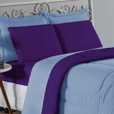 Imagem de Kit Edredom Dupla Face + Jogo De Lençol King Nobre 6 Peças Malha 100% Algodão - Azul-bebê / Roxo