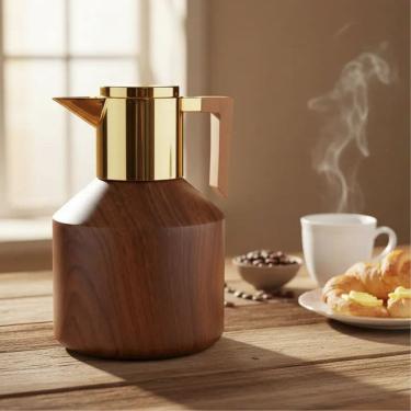 Imagem de Garrafa Térmica Para Café Chá 1lt. Madeira Escura Bico Dourado