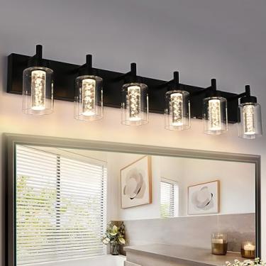 Imagem de VINLUZ Luminárias De Led Para Banheiro, 6 Arandelas Parede Internas Com Cúpula Vidro Transparente E Lâmpada Cristal, Luzes Pretas Espelho, Cozinha, Sala Estar, Galeria (Lâmpadas Incluídas)