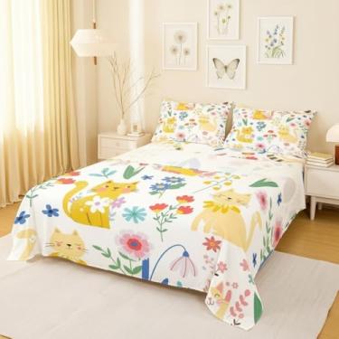 Imagem de Castle Fairy Jogo de lençol casal com desenho animado de gatos com desenho animado de gatos, estampa floral chique gasto para quarto de meninos e meninas, cinza, branco, amarelo, macio, lençol com