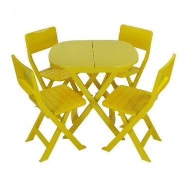 Imagem de Conjunto Mesa e 4 Cadeiras Conjunto 1 Mesa 4 Cadeira Dobrável Plástico para Bar e Varanda Estrutura