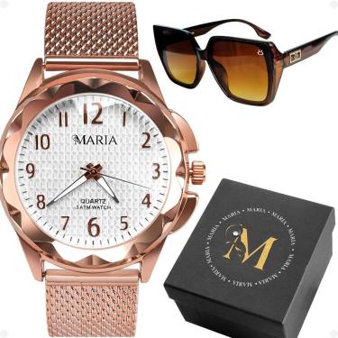 Imagem de Kit Relógio e Óculos de Sol Feminino Orizom Maria Analógico com Pulseira em Aço Inox Re...