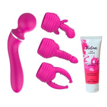 Imagem de Kit Vibrador Varinha Mágica com 3 Estimuladores em Silicone com 10 Modos de Vibração e Lubrificante Fun Chiclete Love