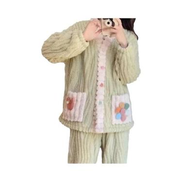 Imagem de Conjunto De Pijamas De Flanela Grossa E Quente Para Mulheres, Cardigan