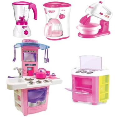 Imagem de Kit Acessórios Cozinha Com Fogão Batedeira Brinquedo Rosa - DM Toys