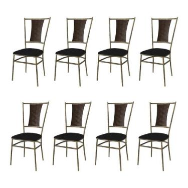 Imagem de Kit 8 Cadeiras De Jantar Estofada Preta Em Aço Ouro Envelhecido Barcel