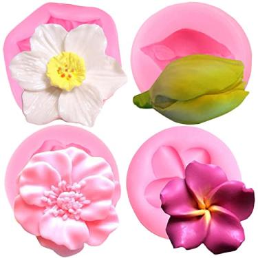 Imagem de Mujiang Molde Plumeria Flor Silicone Molde Tulipa Flores Cerejeira Fondant Moldes para Decoração de Bolos, Chocolate e Doces Conjunto de 4
