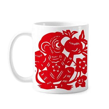 Imagem de Caneca de cerâmica com flores chinesas, corte de papel, macaco do zodíaco, xícara de porcelana de café