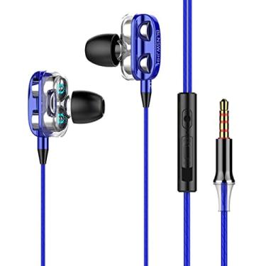 Imagem de SDENSHI Fones de ouvido com fio com microfone, Fones de ouvido de corrida para esportes com dois drivers fones de ouvido intra-auriculares com microfone e controle de volume para smartphone - Azul