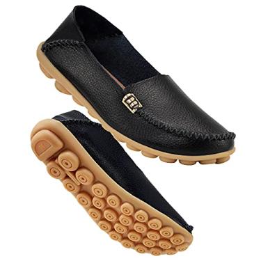 Imagem de Mocassins femininos de couro confortáveis da marca DUOYANGJIASHA Fashion Brand Best Show casuais com bico redondo e mocassins de direção selvagem sem cadarço Sapatos modernos e confortáveis, Preto, 8