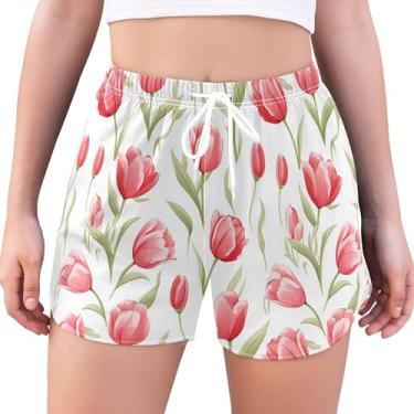 Imagem de JUNZAN Tulip Pink Flowers Shorts atlético feminino com forro cintura alta calça de pijama para academia P, Flores rosa tulipa, P