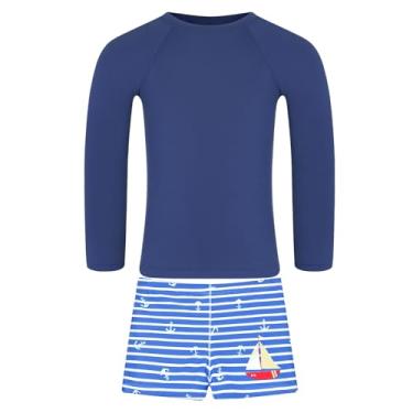 Imagem de Acqua di Mare Conjunto Sunga Boxer Infantil Menino com Camiseta UV50+ (Azul Listrado e Camiseta Marinho, 9-10 anos)