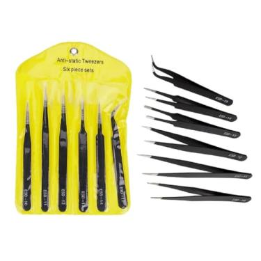 Imagem de Kit 6 pinças de precisão ESD, antiestáticas de aço inoxidável, ponta angulada/dobrada/cabeça chata, para uso em laboratório e assistência técnica de celular e informática