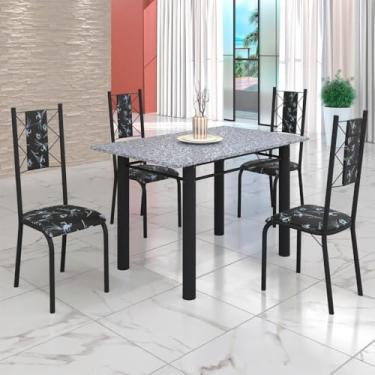 Imagem de Conjunto Sala de Jantar Bahia Mesa Tubo 120x75cm Tampo Pedra Granito Ocre com 4 Cadeiras Preto Floral/preto
