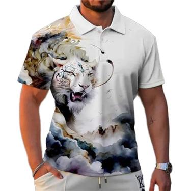 Imagem de Camisa polo masculina de manga curta com estampa de leão animal e design elegante de botão, Zphq659814, 3G