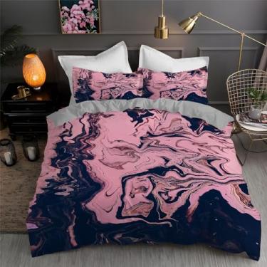 Imagem de Jogo de cama queen rosa com textura de mármore, conjunto de 3 peças para decoração de quarto, capa de edredom de microfibra macia 224 x 232 cm e 2 fronhas, com fecho de zíper e laços