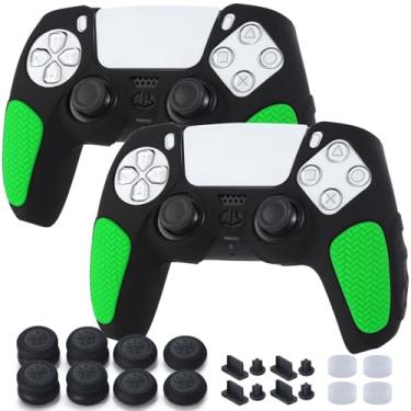 Imagem de YoRHa Capas protetoras antiderrapantes para controle PS5 x 2 (preto + verde) com 8 alças de polegar, plugues x 8, protetores analógicos x 4