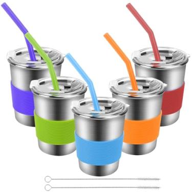 Imagem de Yummy Sam Pacote com 5 copos infantis com canudos e tampas de silicone garrafa de água de aço inoxidável de 227 g com isolamento térmico antiderrapante meias mangas para crianças adultos escola ao ar