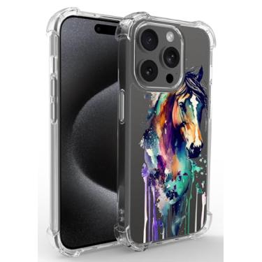 Imagem de Ecute Capa de cavalo para telefone 15 Pro com suporte de impulso/suporte giratório, capa fina de proteção contra quedas de nível militar para telefone 15 Pro 6,1 polegadas - cavalo grafite colorido