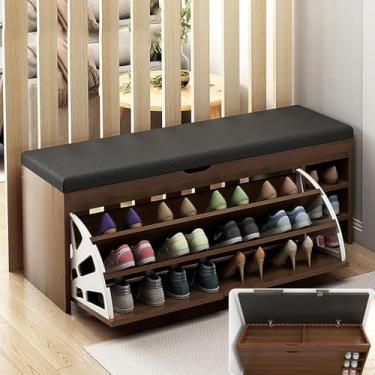Imagem de Rack de banco de sapatos para entrada, banco de armazenamento, entrada industrial com armazenamento, espaço flip top e almofada acolchoada, corredor organizador de madeira de 3 camadas, sala