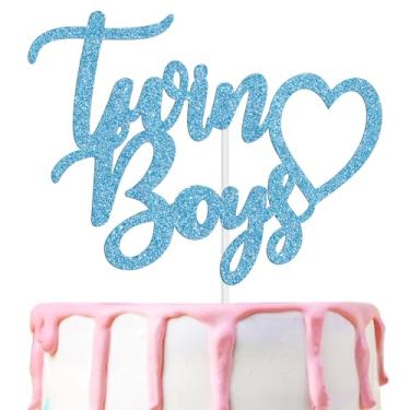 Imagem de Topo de bolo para meninos gêmeos, decoração de bolo de chá de bebê para meninos, Oh bebês/revelação de gênero/suprimentos de decoração de festa de primeiro aniversário para bebês, glitter azul