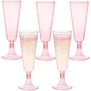 Imagem de Hedume Pacote com 70 taças de champanhe rosa, taças de vinho de plástico descartáveis de 142 g, taças de champanhe descartáveis de 2 peças para celebração, casamento, festa, dia dos namorados, dia das mães