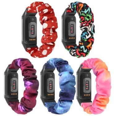 Imagem de Pulseiras de relógio Scrunchie para Fitbit Charge 5/6, pacote com 5 (estrelas roxas + estrelas azuis + estrelas rosa + bolinhas + geometria, grande)