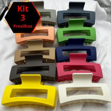 Imagem de KIT 3 Presilhas Piranha Cabelo Retangular Grande Plástico Rígido Soft 
