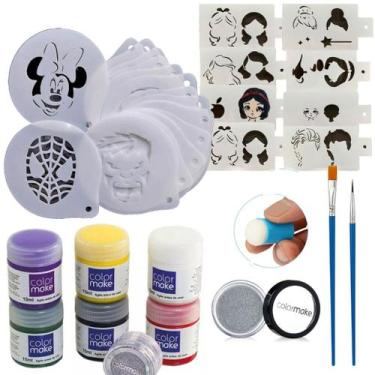 Imagem de Kit 24 Stencil para Pintura Facial corporal + Tintas + 2 Pincéis + 1 G