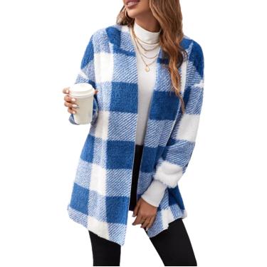 Imagem de Feminino oversized sherpajacet casual manga longa xadrez fuzzy velo forrado hoodies cardigan camisolas casacos, azul, m