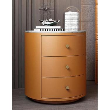 Imagem de Mesa de cabeceira de pinho, armário de cabeceira simples, mesa redonda com espaço de armazenamento de 3 gavetas, mesa lateral 47 x 47 x 50 cm, laranja