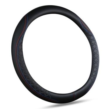 Imagem de SuperKaKa Capa de volante de carro de couro com padrão Diamond Check - Universal Elegante e Confortável PU Auto Protector Acessórios Interiores para Mulheres e Homens (Preto)