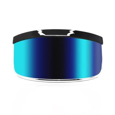 Imagem de GloFX Óculos de sol futurista azul espelhado com viseira – Óculos Cyberpunk de rosto inteiro, persianas refletivas estilo anos 80 para roupas rave, essenciais para festivais e proteção UV, Azul