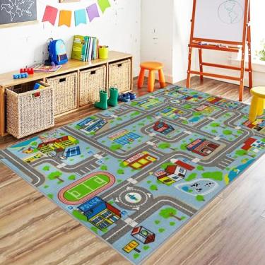 Imagem de Capslpad Tapete azul céu carro estrada infantil tapete para playoom tráfego estrada tapete infantil antiderrapante lavável mapa da cidade tapete de pista de corrida para quarto de crianças, quarto de