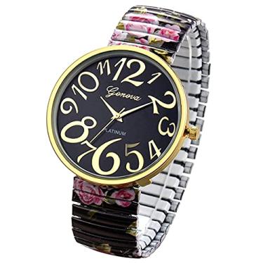 Imagem de Ibohevo Relógio de pulso com mostrador grande: pulseira floral feminina, número grande, fácil leitor, mostrador com movimento de quartzo, relógio de pulso analógico de liga, Preto, Adult, Moderno