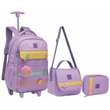 Imagem de Kit Mochila Feminina De Rodinha Juvenil Escolar Com Chaveiro Abertura 180° (Lilás)