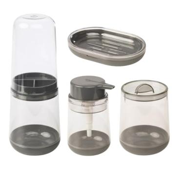 Imagem de Kit Banheiro 4 Peças Suporte Escova De Dentes Porta Sabonete Líquido Algodão Saboneteira