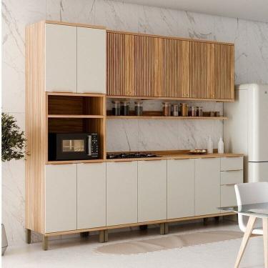 Imagem de Cozinha Modulada Completa 270cm 5 Peças 13 Portas com Tampo 100% MDF Noruega Fresada Espresso Móveis Amêndoa/Off White