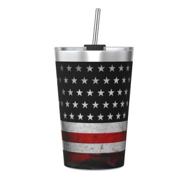 Imagem de Dewoofly Caneca térmica de 340 g com canudo de tampa, bandeira americana, parede dupla, isolada a vácuo, caneca de café para bebidas quentes e frias