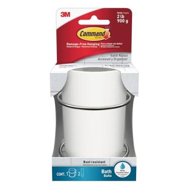 Imagem de Command Organizador de acessórios, comporta até 900 g, organizador de 8,5 cm x 9,6 cm x 11,2 cm com 2 tiras Command médias resistentes à água, níquel acetinado, organização de banheiro livre de danos