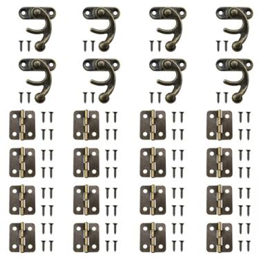Imagem de XZW Dobradiças de caixa de joias antigas para caixa de madeira para ferragens de caixa de joias, 8 peças, trava direita e 16 peças, kit de parafusos correspondentes (Bronze)