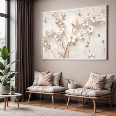 Imagem de Quadro com Moldura Sala Quarto 90x60 Flora Branco Decorativo Horizontal Grande Hall