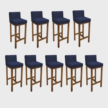 Imagem de Kit 09 Banqueta Alta Com Encosto Loren Cozinha Balcão Bistrô Base Madeira Rústico Suede Azul Marinho - Ahz Móveis
