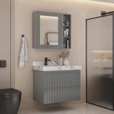 Imagem de Conjunto para Banheiro Lavatório em Porcelanato com Cuba Esculpida, Gabinete e Espelheira Ripy