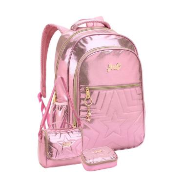 Imagem de Kit Mochila Costas + Lancheira + Estojo Just Metalizada - Rosa