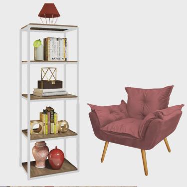Imagem de Kit Poltrona Fatte com Estante Livreiro Ferro Branco mdf Castanho Suede Rose Gold - Ahazzo Móveis