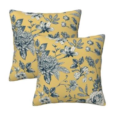 Imagem de HOSTECCO Capas de almofada floral para vaso sanitário 45,7 x 45,7 cm, conjunto de 2 capas de almofada decorativas de flores chinoiserie amarelas francesas para sofá e sofá