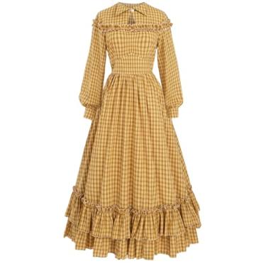 Imagem de NSPSTT Vestido feminino pioneiro, vintage, da Guerra Civil, fantasia colonial, xadrez, vestido longo, Amarelo, GG