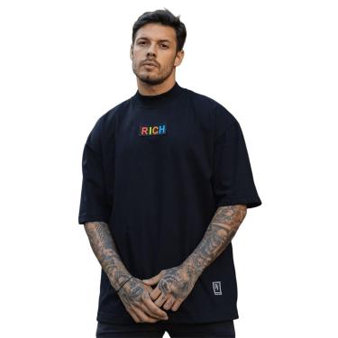 Imagem de Camiseta Oversized Gola Alta Borracha Colorida Streetwear Confortavel Masculina Preto-Masculino